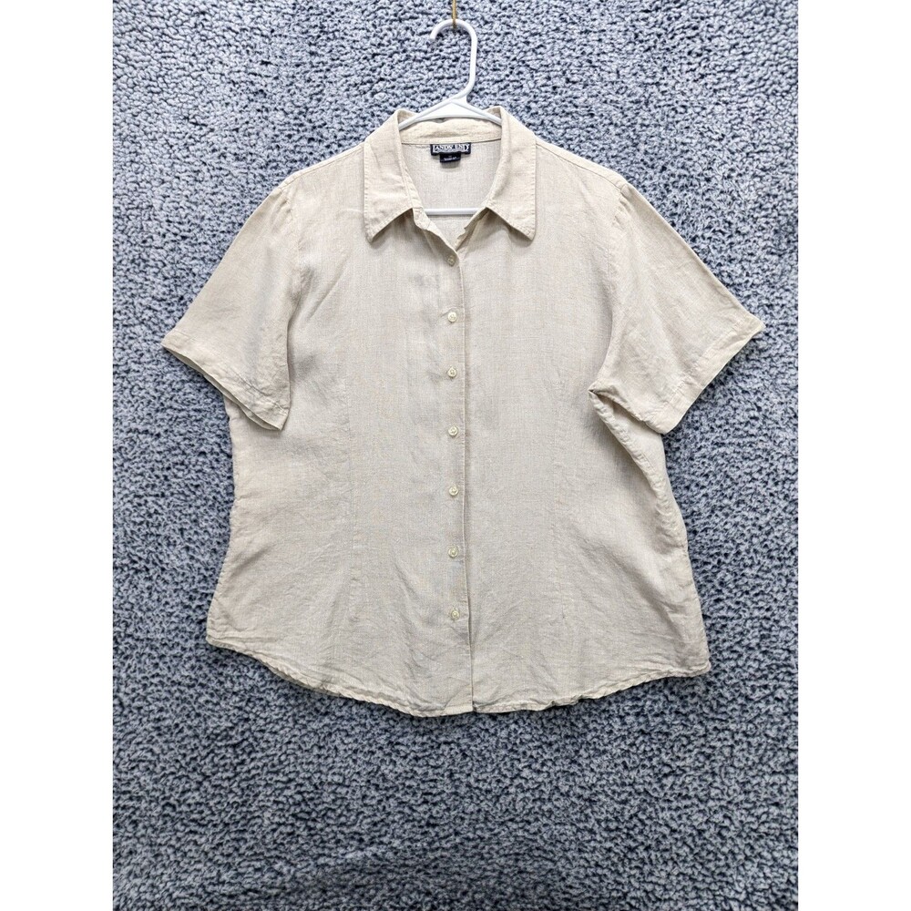 VTG Lands End 100% Linen Button Up Shirt Size XL/16 Boho Lagenlook Peasant Beige